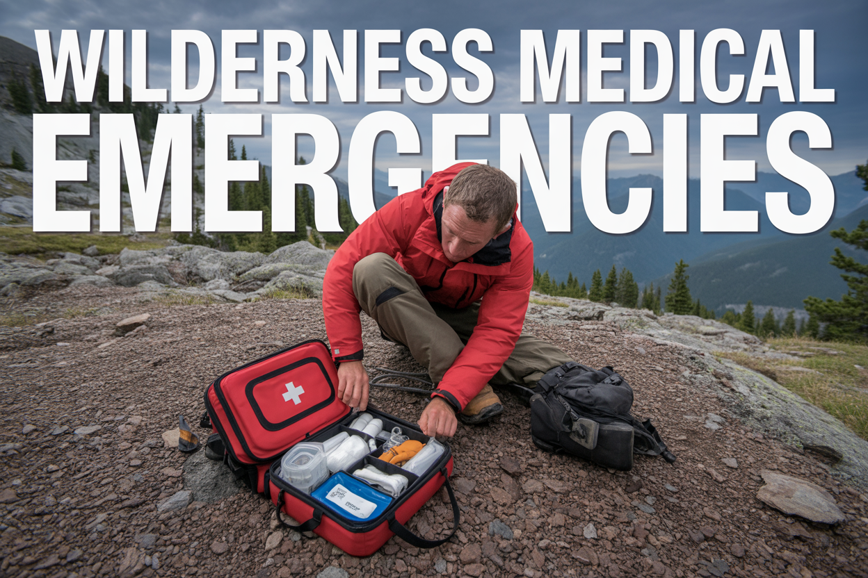 Create a realistic image of a white male wilderness medic in outdoor gear kneeling beside an open red medical kit on rocky mountain terrain, with essential medical supplies like bandages, antiseptic, and emergency tools visible, surrounded by a dramatic alpine landscape with pine trees and distant peaks under overcast skies, while performing first aid treatment, with the text "WILDERNESS MEDICAL EMERGENCIES" prominently displayed across the top of the image in bold white letters with a subtle shadow effect.