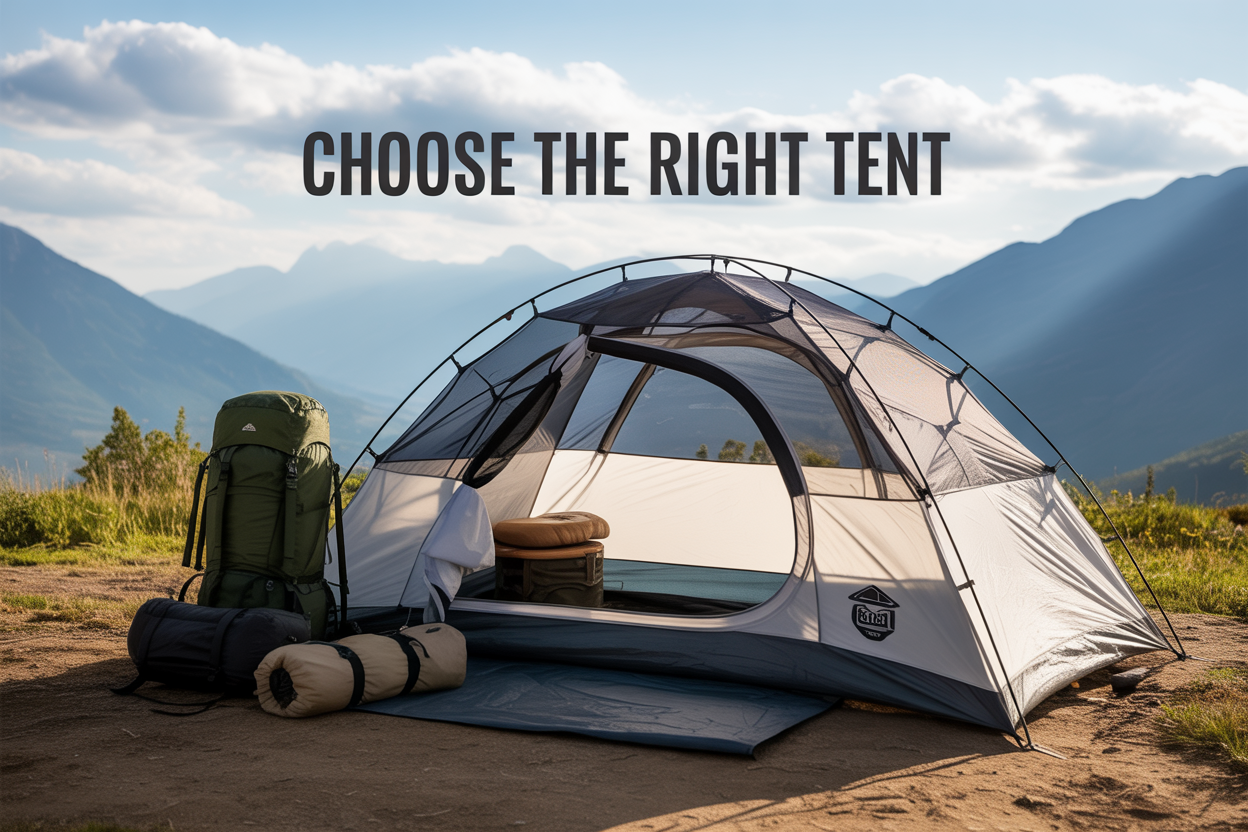 Create a realistic image of a high-quality camping tent set up in a scenic outdoor environment with mountains in the background, featuring detailed tent construction elements like reinforced seams, sturdy zippers, and guy-lines visible, with camping gear organized nearby including a backpack and sleeping bag, under natural daylight with partly cloudy skies, and overlay text reading "Choose the Right Tent" in bold, clean font positioned in the upper portion of the image.