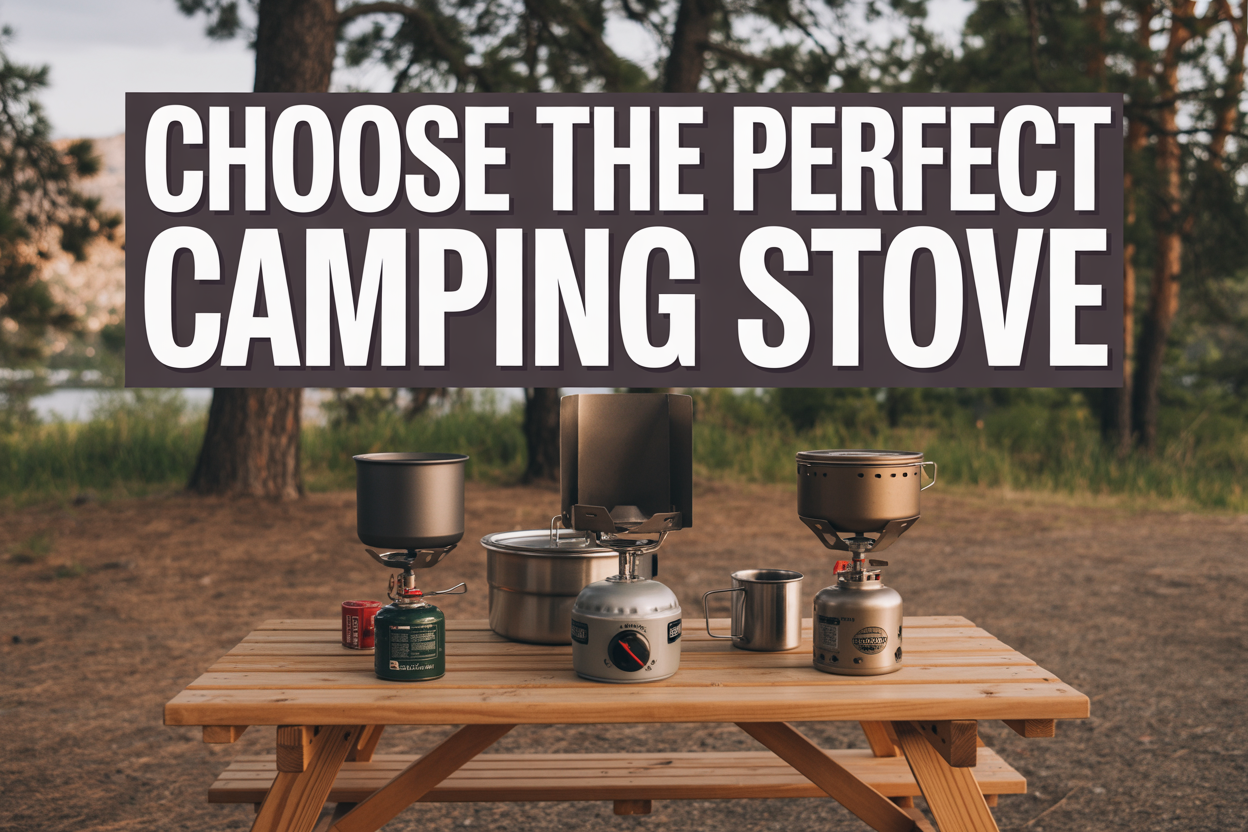 Create a realistic image of three different camping stoves arranged on a wooden picnic table in an outdoor camping setting, including a compact canister stove, a lightweight backpacking stove, and a portable propane stove, with camping gear like a metal pot and camping mug nearby, surrounded by pine trees in the background, warm natural lighting during golden hour, and bold text overlay reading "Choose the Perfect Camping Stove" in modern white font with dark shadow for visibility.