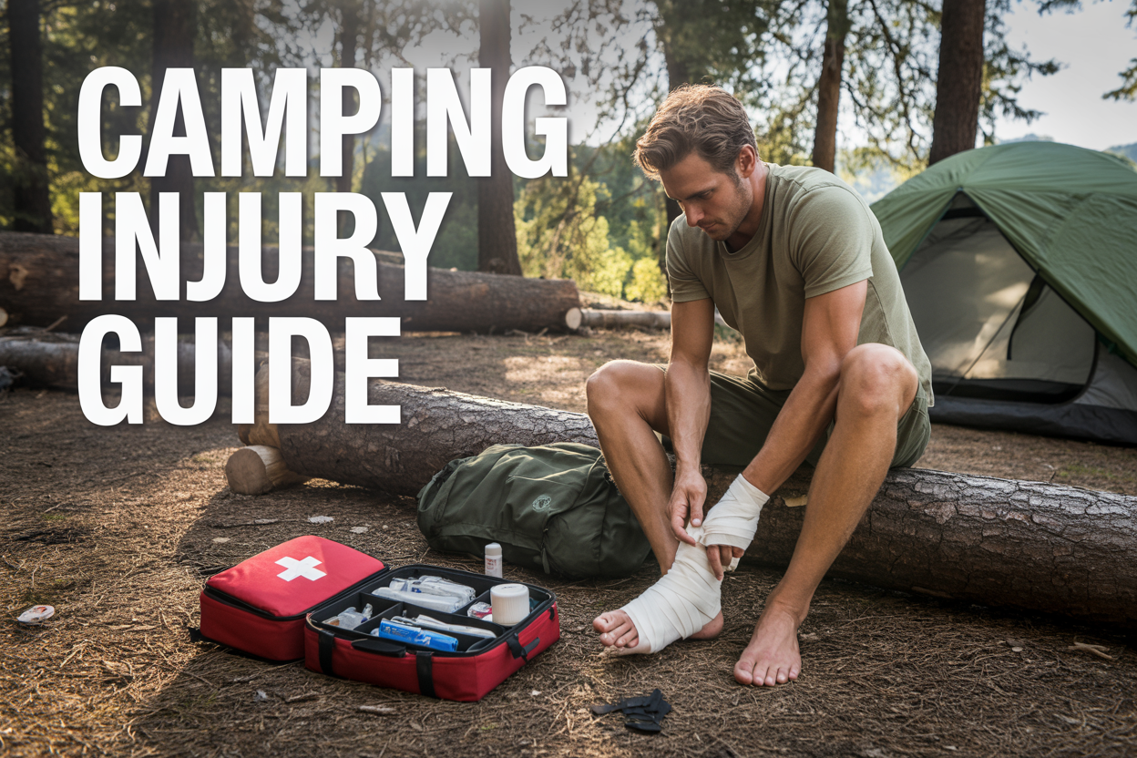 Create a realistic image of a white male camper sitting on a log in a forest clearing, examining a bandaged ankle while a comprehensive first aid kit with scattered medical supplies lies open beside him, with a tent and camping gear visible in the background under natural daylight filtering through tall pine trees, conveying a calm but cautious mood, with the text "Camping Injury Guide" prominently displayed in bold, clean lettering across the top of the image.