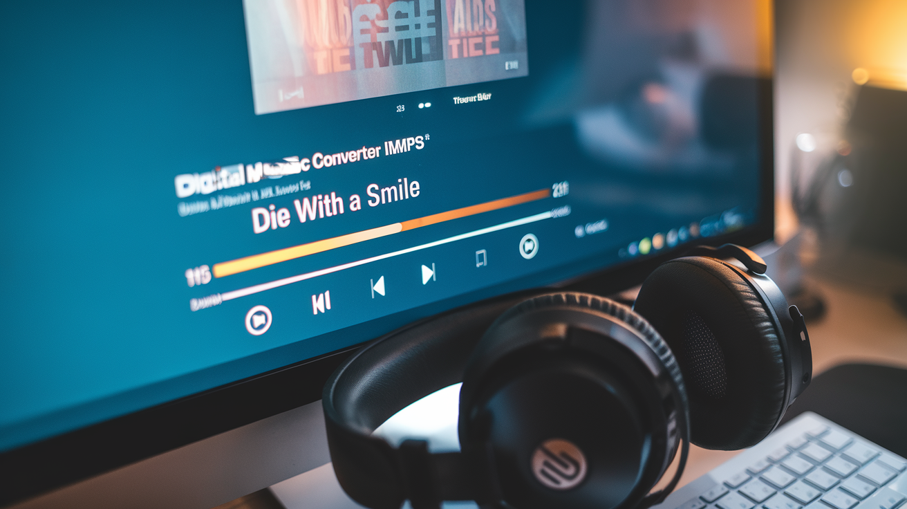 Create a realistic image of a digital music converter interface on a computer screen with a YouTube video paused and an MP3 download progress bar showing "Die With A Smile" as the song title, soft ambient lighting reflecting on the screen, and a pair of headphones resting beside the keyboard.