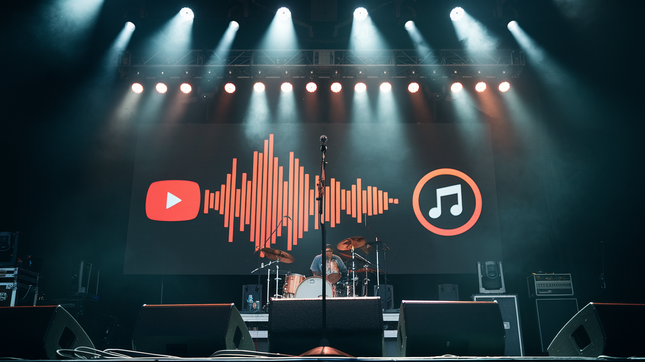 Create a realistic image of a live music concert stage with spotlights illuminating a microphone stand, sound equipment, and an audio waveform visualization displayed on a backdrop screen alongside a YouTube logo and an MP3 symbol, suggesting the conversion of a live performance titled "Lose Control" from YouTube to MP3 format.