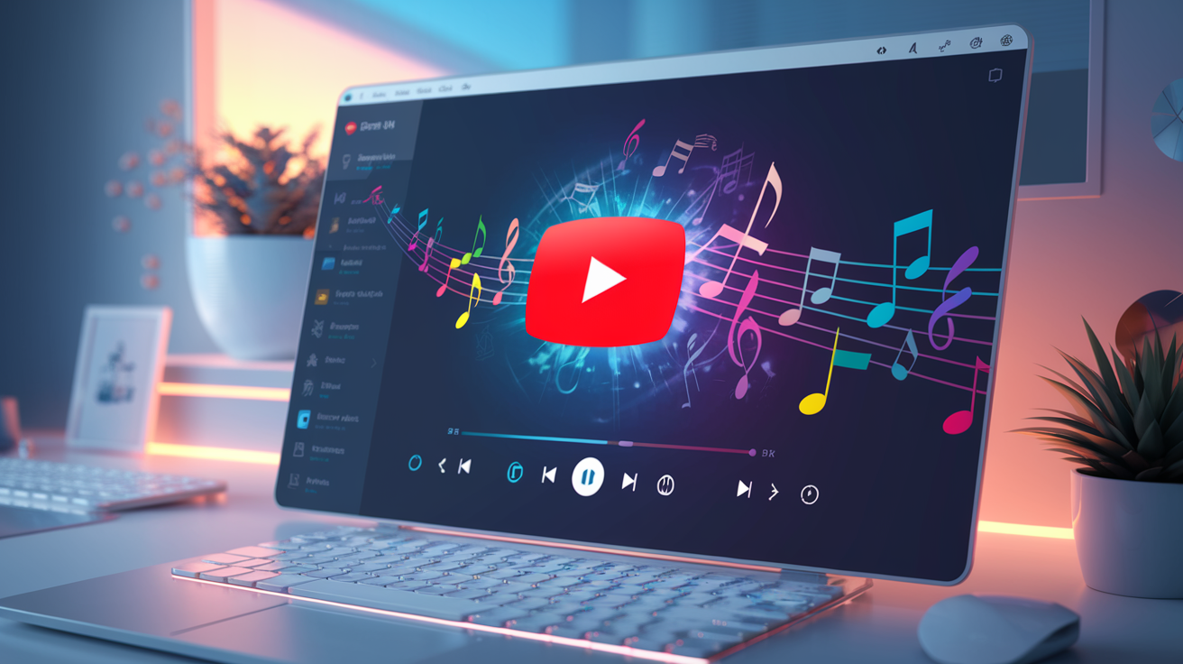 Create a realistic image of a sleek, modern digital audio converter interface transforming colorful musical notes flowing from a YouTube play button into high-quality MP3 files, displayed on a clean desktop screen with soft ambient lighting, conveying the beauty of seamless media conversion.