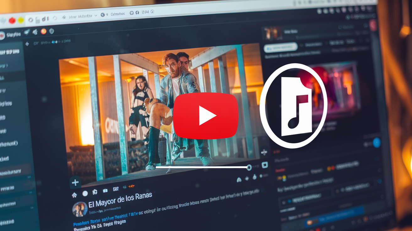 Create a realistic image of a YouTube interface showing a music video for "El Mayor de los Ranas" with a download button overlaid, beside it a MP3 file icon, suggesting the conversion process from YouTube to MP3, all displayed on a computer screen with warm lighting.