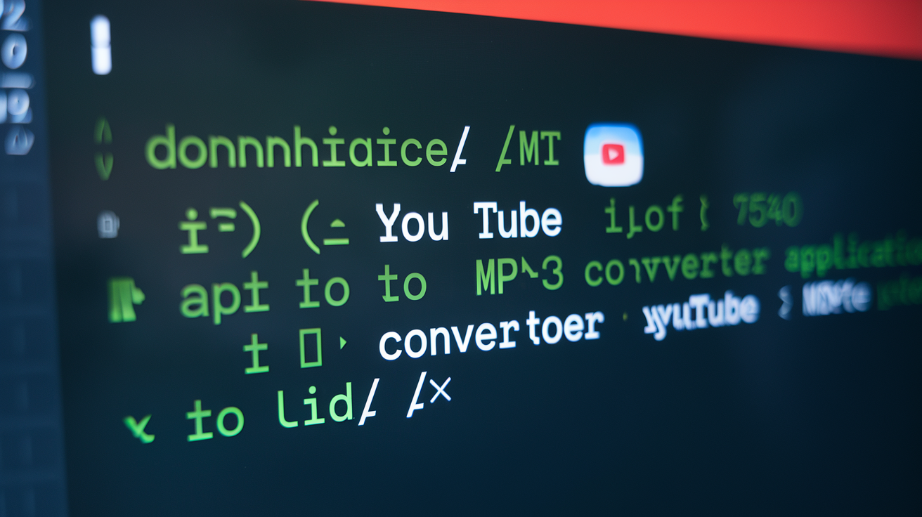 Create a realistic image of a sleek software interface showing the APT (Android Package Tool) command-line utility being used to download a YouTube to MP3 converter application on a dark-themed terminal window, with code syntax highlighted in green and white text, and a small YouTube logo visible in the corner of the screen.