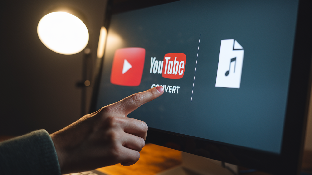 Create a realistic image of a close-up view of a finger pressing the "convert" button on a computer screen displaying a YouTube to MP3 converter interface, with the YouTube video thumbnail visible on one side and a downloading MP3 file icon on the other side, in a dimly lit room with the glow of the screen providing the main light source.