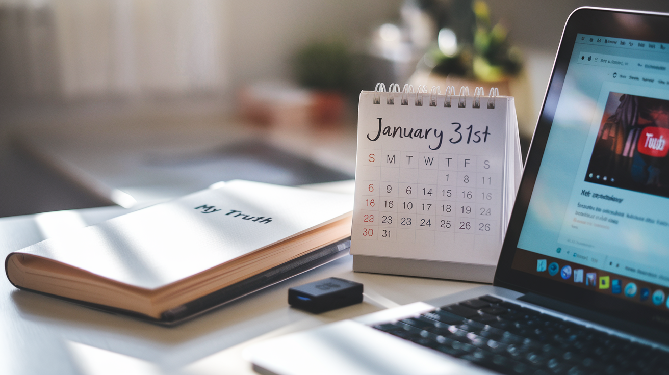 Create a realistic image of a calendar page showing January 31st with "My Truth" written as a journal entry, placed next to an open laptop displaying YouTube and a USB drive with MP3 files, soft natural lighting creating a reflective mood, suggesting personal thoughts being recorded while converting media.