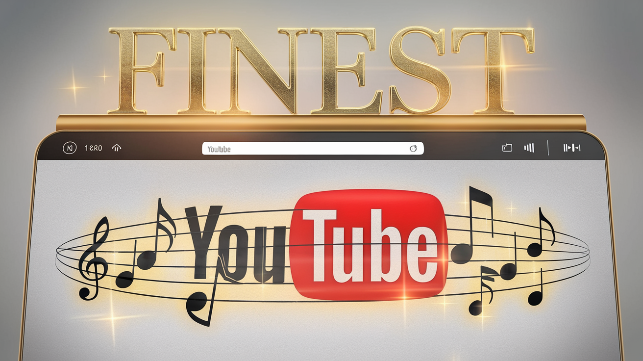 Create a realistic image of the word "Finest" elegantly displayed in gold metallic letters above a high-quality audio extraction device that shows a YouTube logo transforming into music notes, with a clean white background, modern digital interface elements, and a subtle glow highlighting the premium nature of the converter tool.