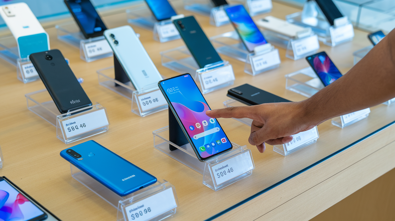 Create a realistic image of various budget-friendly smartphones displayed on a wooden table with price tags in Indian Rupees, showing models from brands popular in India like Xiaomi, Realme, and Samsung, with an Indian male hand pointing to one of the devices, against a clean, well-lit background suggesting an electronics store or online shopping concept.
