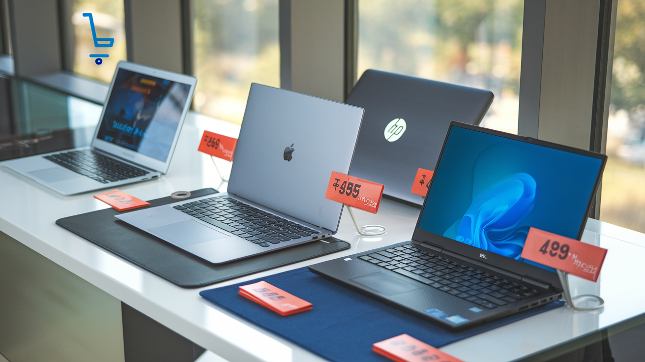 Create a realistic image of various affordable laptops arranged on a modern desk, showing different sizes and models suitable for students, professionals, and casual users, with price tags in Indian Rupees visible, natural lighting coming from a window, and a shopping cart icon in the corner suggesting online purchase options.