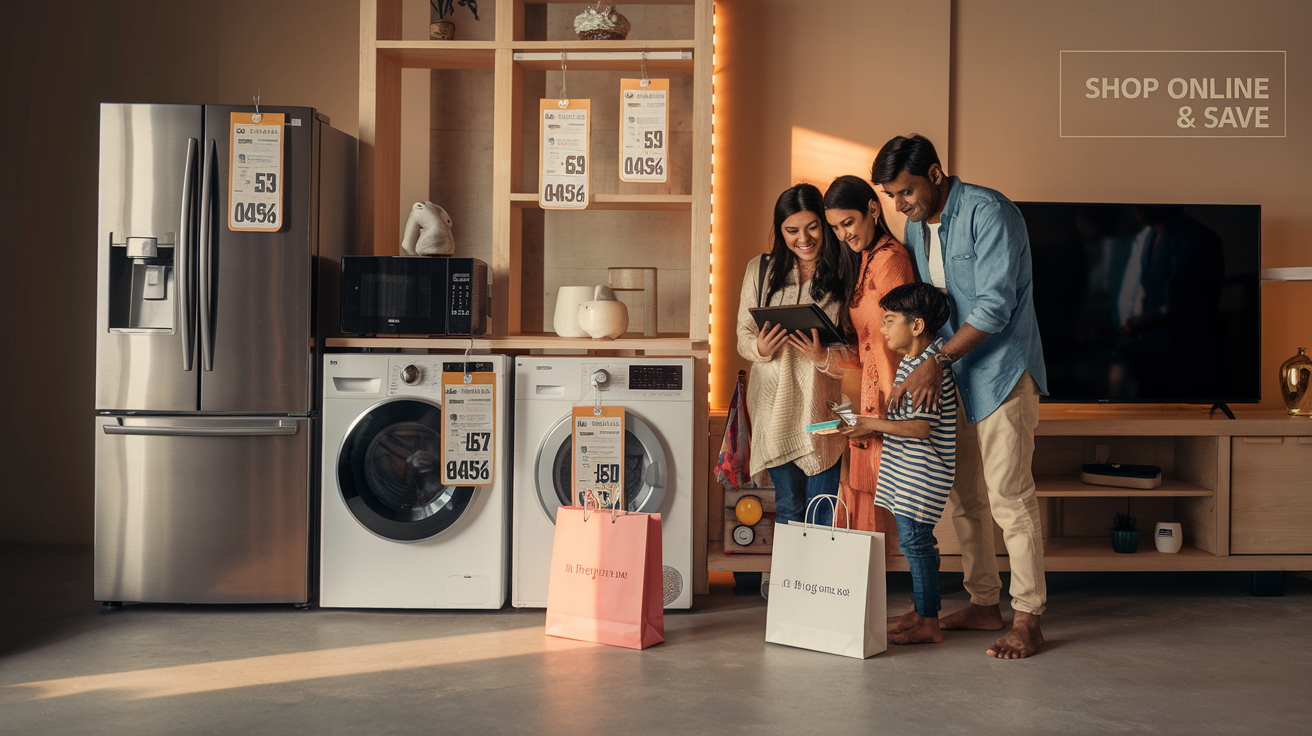 Create a realistic image of a modern Indian living room with a display of cost-effective home appliances including a refrigerator, washing machine, microwave, and television, all with visible discount tags, an Indian family (South Asian male, female, and child) browsing through the appliances on a tablet, with shopping bags nearby, warm lighting highlighting the appliances, and a subtle "Shop Online & Save" text overlay in the corner.