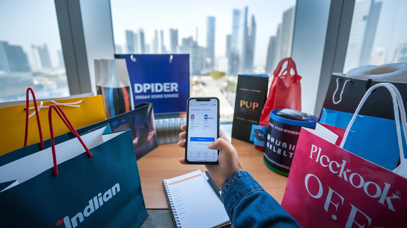 Create a realistic image of an Indian person (gender neutral) comparing electronics prices on a smartphone while surrounded by shopping bags from different Indian electronics retailers, with price comparison apps visible on the screen, a budget notebook nearby, and a modern Indian city skyline visible through a window, conveying smart and budget-conscious shopping behavior.
