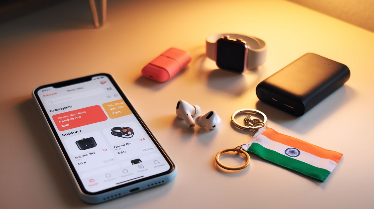 Create a realistic image of a smartphone displaying a shopping app with clear budget category sections for electronics, alongside a few affordable gadgets (earbuds, smartwatch, power bank) with price tags in rupees, arranged on a clean desk with an Indian flag keychain visible, warm lighting highlighting the budget-friendly aspect of online electronics shopping in India.