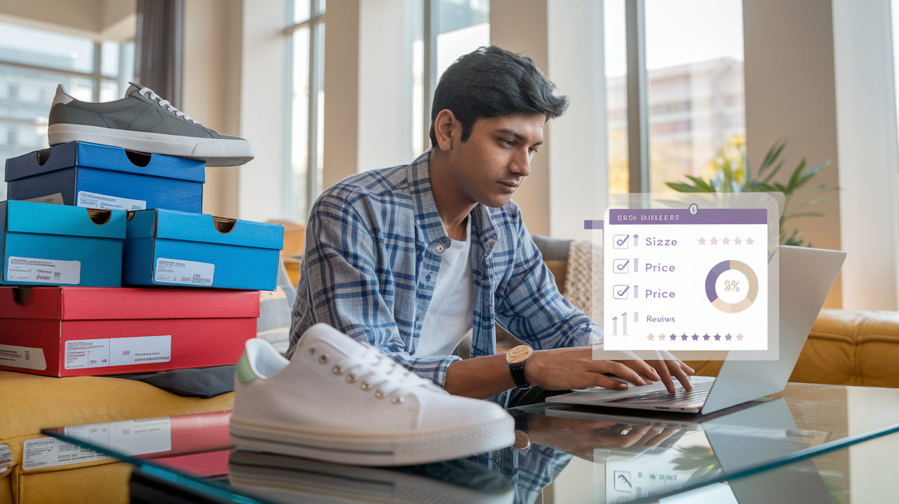 Create a realistic image of an Indian young adult browsing through trendy sneakers on a smartphone or laptop, with multiple sneaker boxes stacked nearby, a checklist or comparison chart visible, showing factors like size, price, and reviews, all set in a modern living room with natural lighting coming through windows, emphasizing the online shopping experience for sneakers in 2025.