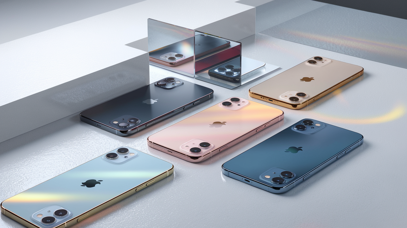 Create a realistic image of an iPhone 16 Plus displayed in a clean, modern setting with all available color options arranged in a fan or grid layout, showing the back panels with the Apple logo visible, soft studio lighting highlighting the metallic finishes and color variations, with subtle reflections on a minimalist white or glass surface.