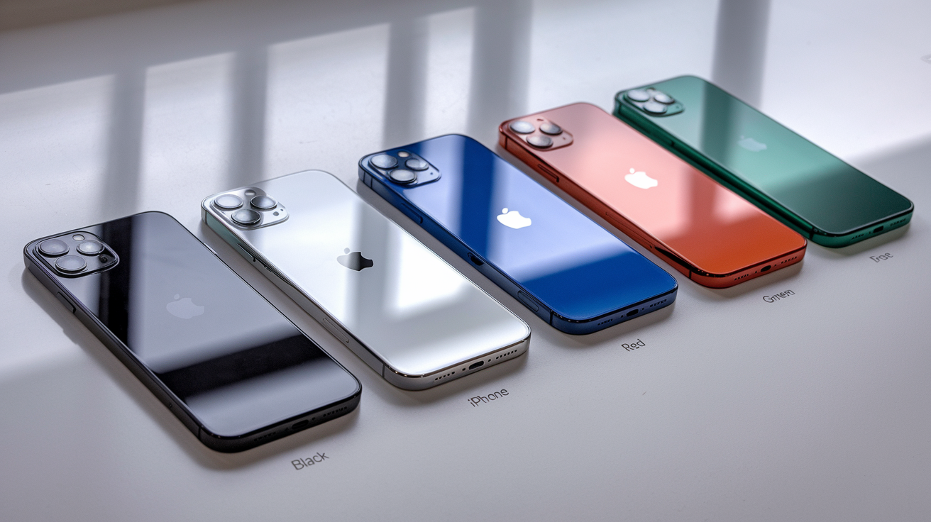 Create a realistic image of an array of iPhone 16 Plus models displayed side by side on a clean white surface, showcasing all available color options with natural lighting highlighting the premium finishes, subtle reflections on each device showing the distinct hue variations, with color names discreetly visible beneath each phone.