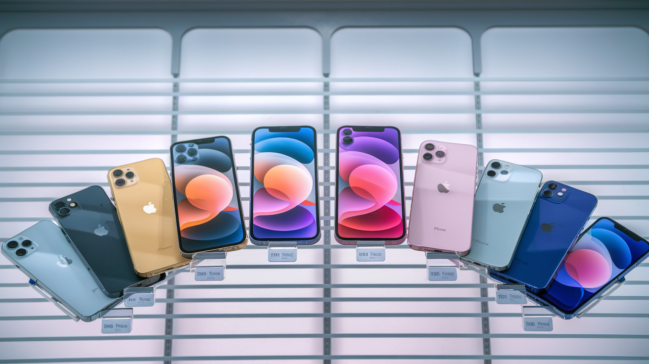 Create a realistic image of multiple iPhone 16 Plus models arranged in a color spectrum display, showing all available color options, with some colors appearing more prominently to indicate popularity, set against a clean white background with subtle store shelf lighting, and small availability indicators beneath each phone.