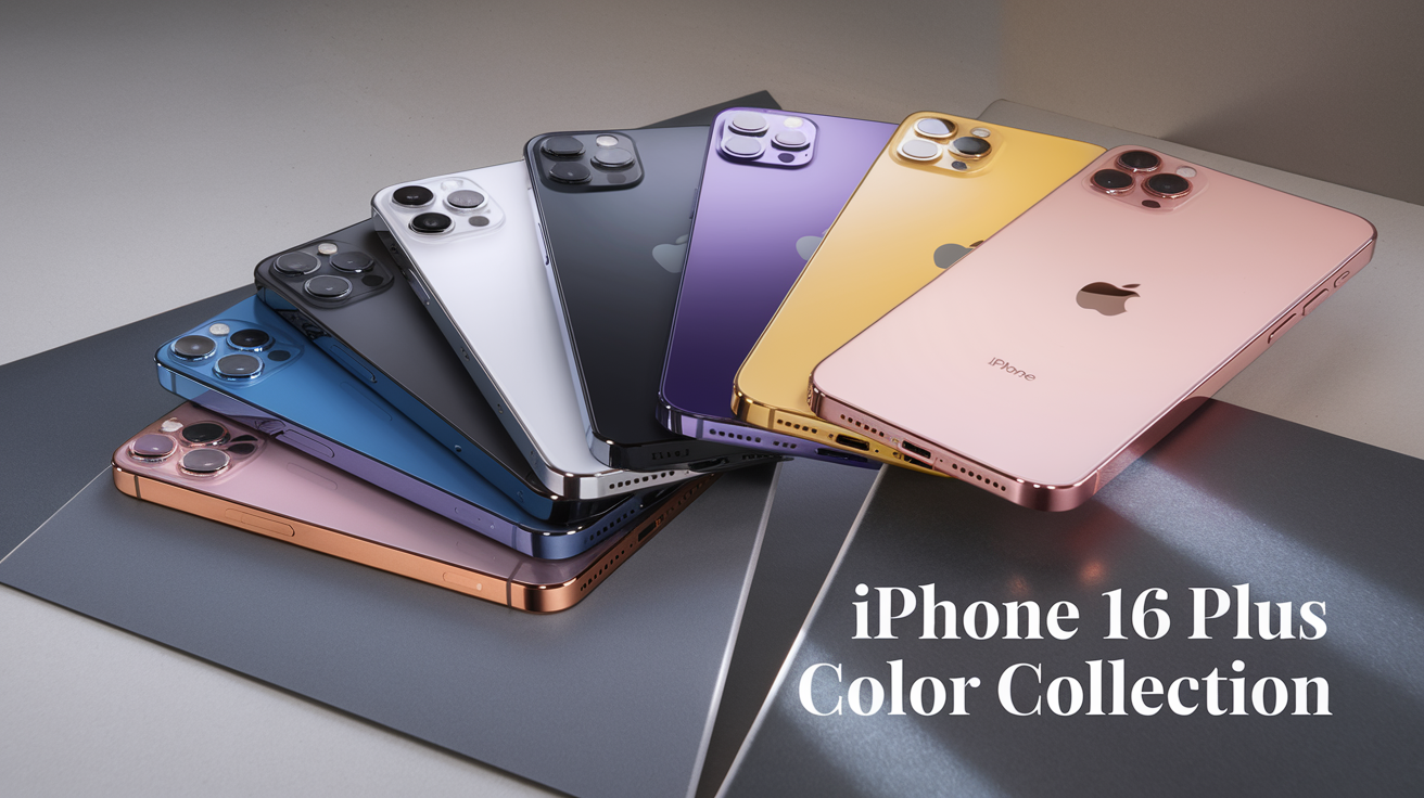 Create a realistic image of a sleek iPhone 16 Plus displayed in a fan arrangement showing multiple color options including titanium silver, black, white, vibrant blue, purple, yellow, gold, and rose gold, placed on a modern minimalist surface with soft studio lighting highlighting the metallic finishes and matte textures, with the text "iPhone 16 Plus Color Collection" elegantly overlaid.