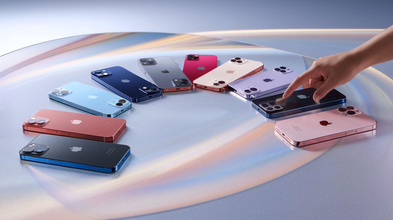 Create a realistic image of various iPhone 16 Plus models displayed in a fan arrangement showcasing all available colors, with soft studio lighting highlighting the metallic finishes, placed on a minimalist white surface with subtle reflections, and a hand holding one phone to demonstrate scale and selection process.