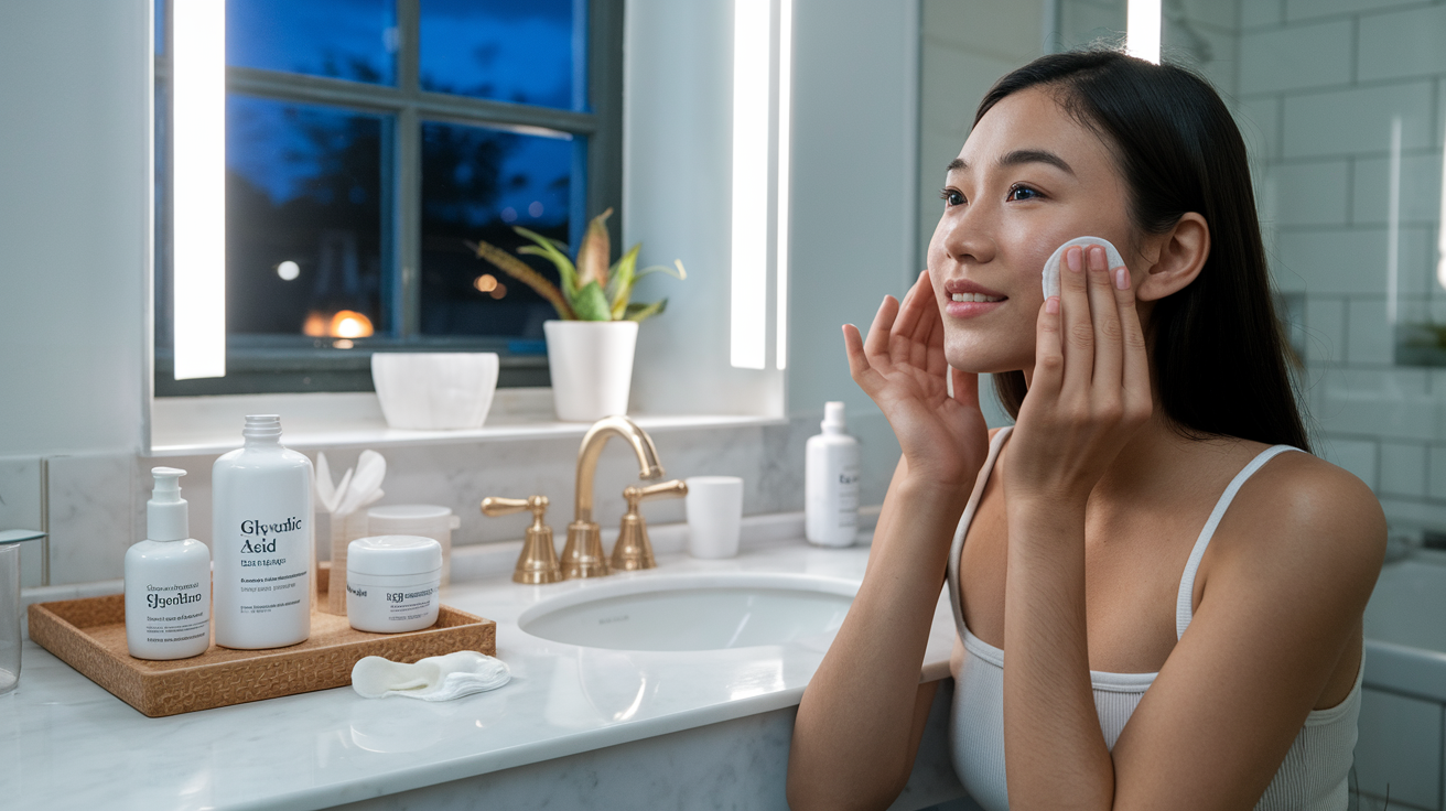 Create a realistic image of a well-lit bathroom vanity where a young Asian female is applying glycolic acid toner to her face with a cotton pad, demonstrating proper skincare technique. The scene shows evening time through a small window, with skincare products including a bottle labeled "Glycolic Acid" arranged neatly on the counter. Text overlay reads "When to Apply Glycolic Acid for Best Results."