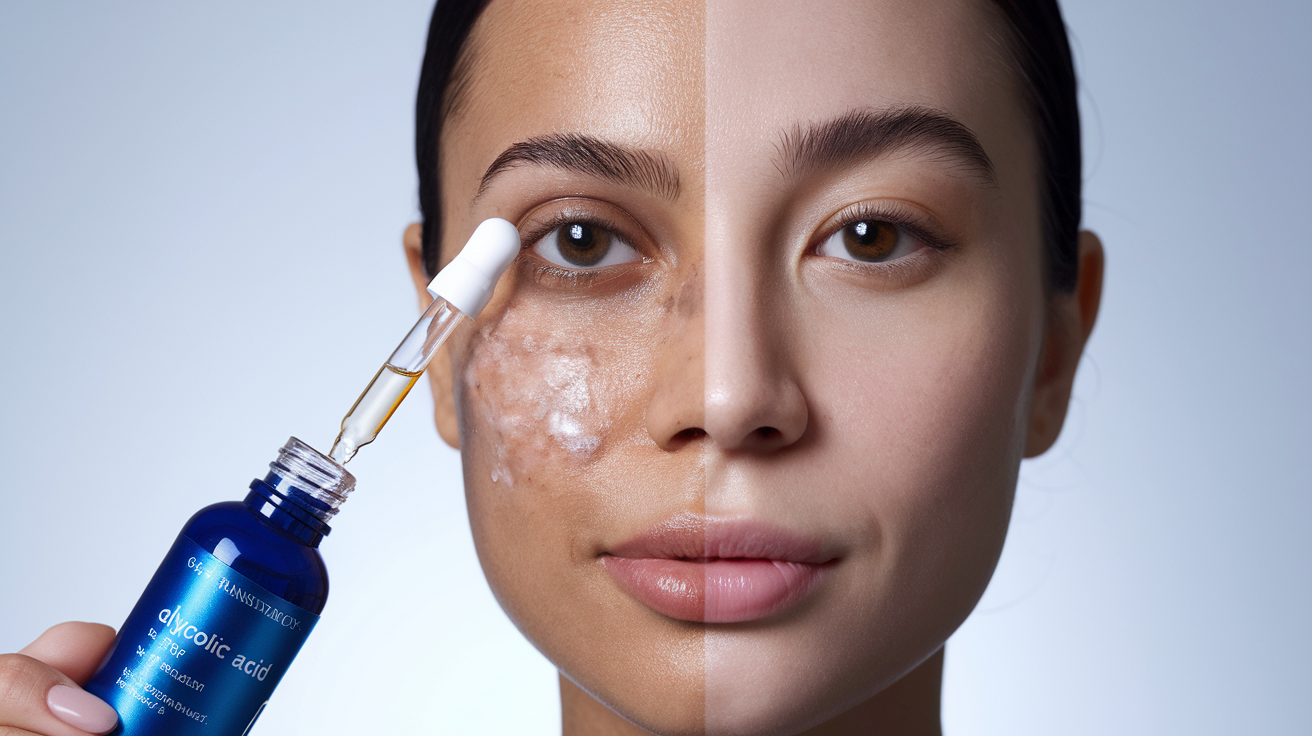 Create a realistic image of a close-up shot of glycolic acid product with a dropper next to a woman's face showing visible skin transformation - half the face looking rejuvenated and smooth while the other half shows normal skin with slight imperfections, all against a clean white background with soft, clinical lighting highlighting the transformative effects of the acid.