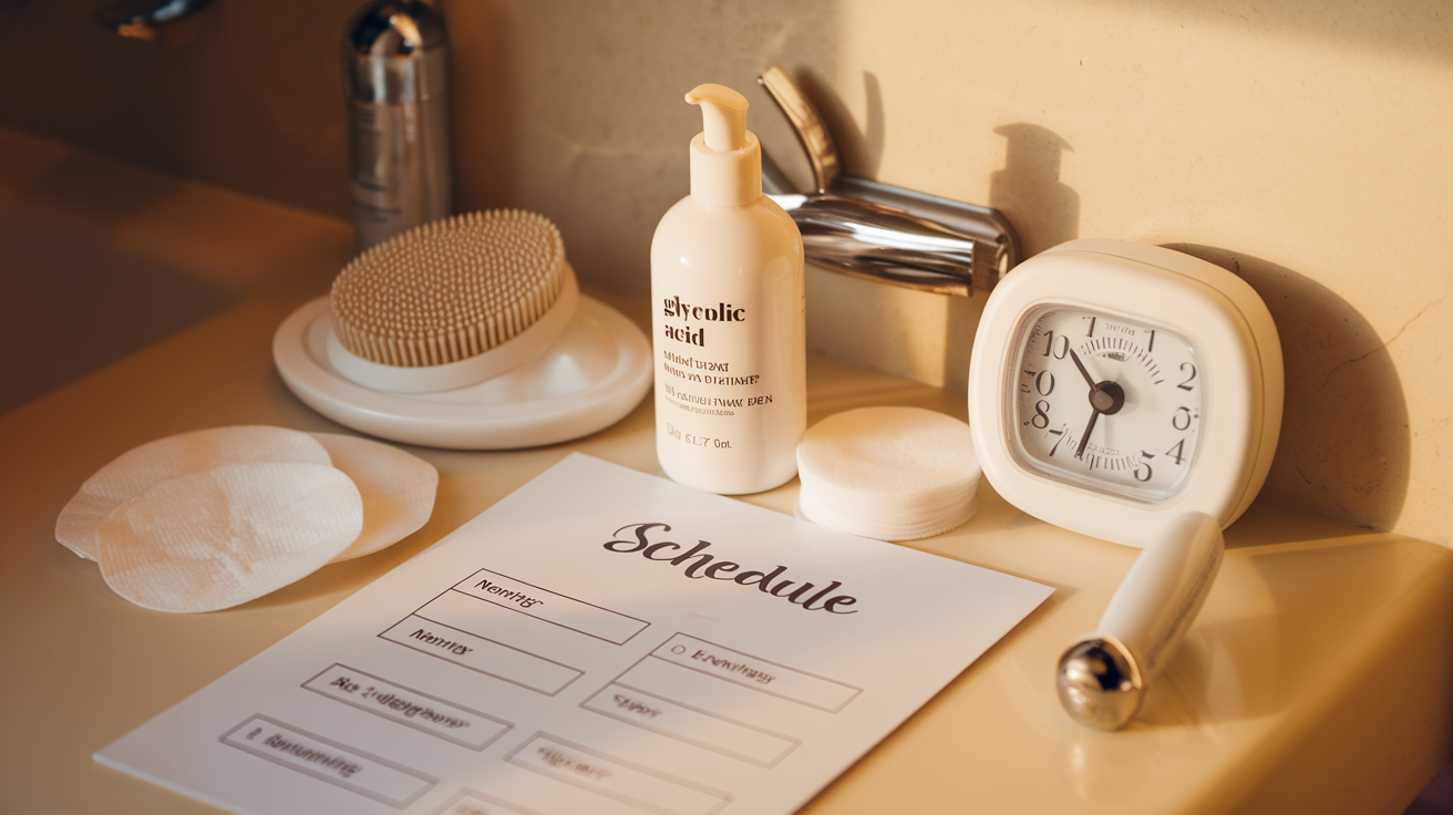 Create a realistic image of an organized skincare routine setup on a bathroom counter with glycolic acid products, a printed schedule showing morning and evening routines, a face cleansing brush, cotton pads, and a timer, all arranged neatly under warm bathroom lighting, conveying a systematic approach to facial care.