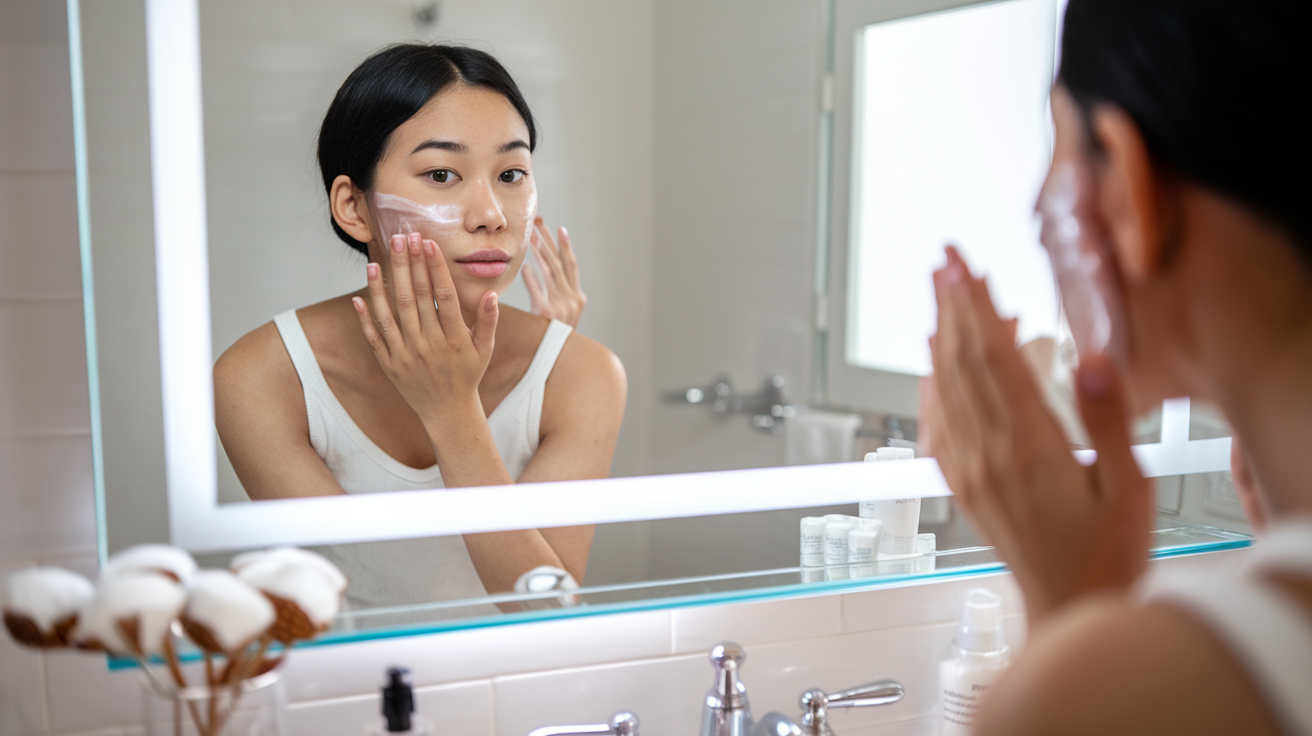 Create a realistic image of a young Asian female applying glycolic acid to her face with her fingertips, standing in a well-lit bathroom, looking in a mirror, with skincare products neatly arranged on the counter, showing a careful and methodical application technique, with cotton pads and a facial toner visible nearby.