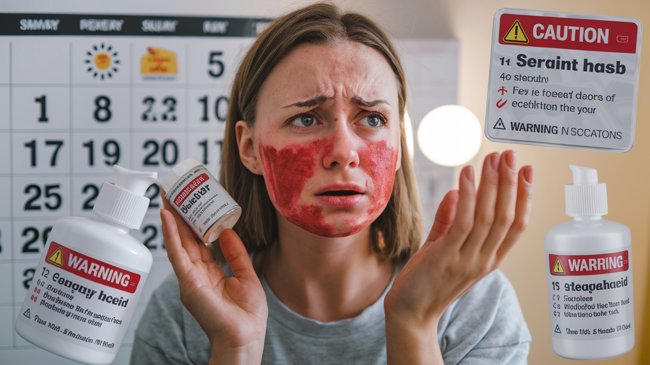 Create a realistic image of a woman with irritated, red skin looking concerned while holding a glycolic acid product away from her face, with a calendar showing pregnancy dates, sun symbols, and skincare products with warning labels in the background, all under bright lighting to emphasize the caution needed in certain situations.