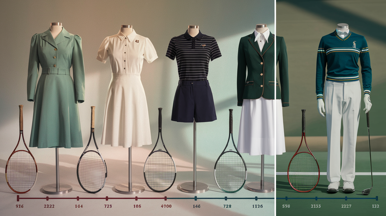 Create a realistic image of a stylish side-by-side comparison showing the evolution of golf and tennis fashion from the 1950s to present day, featuring both vintage and modern cute outfits displayed on mannequins, with tennis rackets and golf clubs as accessories, professional lighting highlighting the fabrics and design details, soft neutral background with timeline graphics showing decade markers, displaying the transformation from formal attire to today's athletic-chic ensembles.