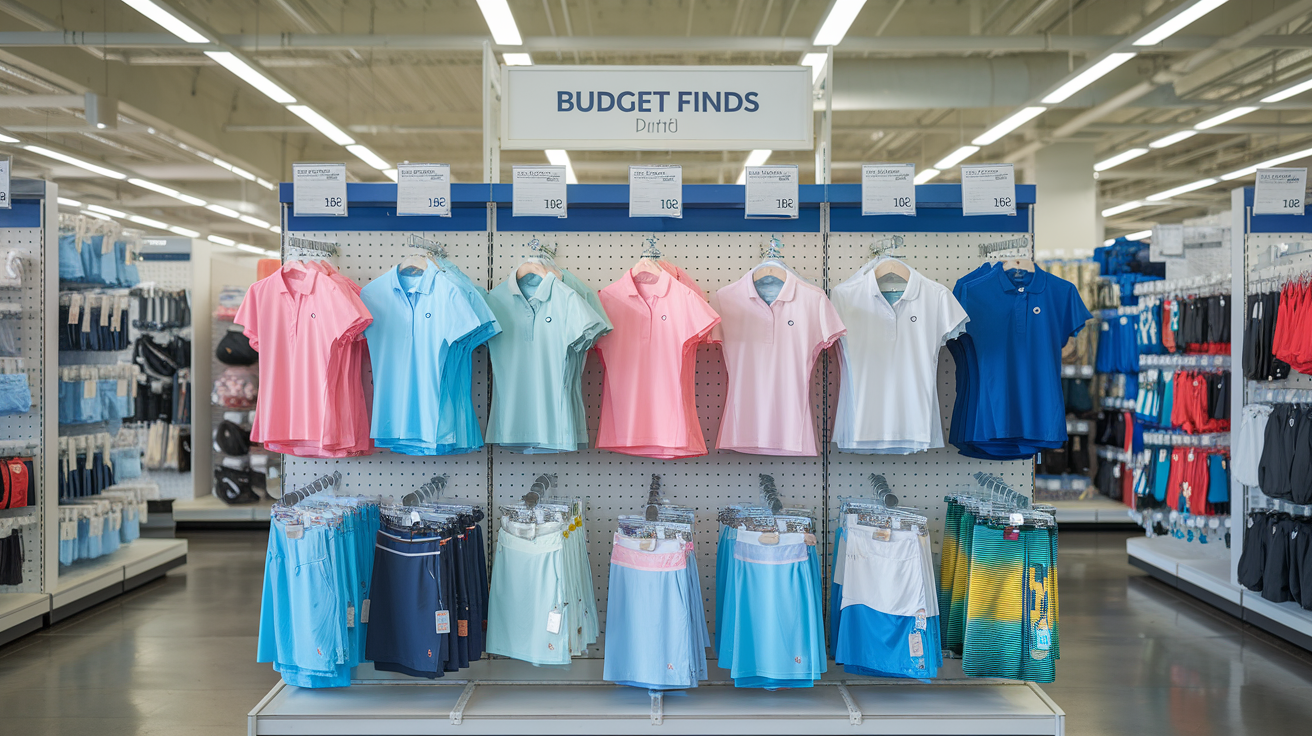 Create a realistic image of a neat rack display of budget-friendly golf and tennis outfits for women, featuring colorful polo shirts, skorts, and visors arranged by price point, with visible sale tags and "Budget Finds" signage, in a well-lit sporting goods store section.