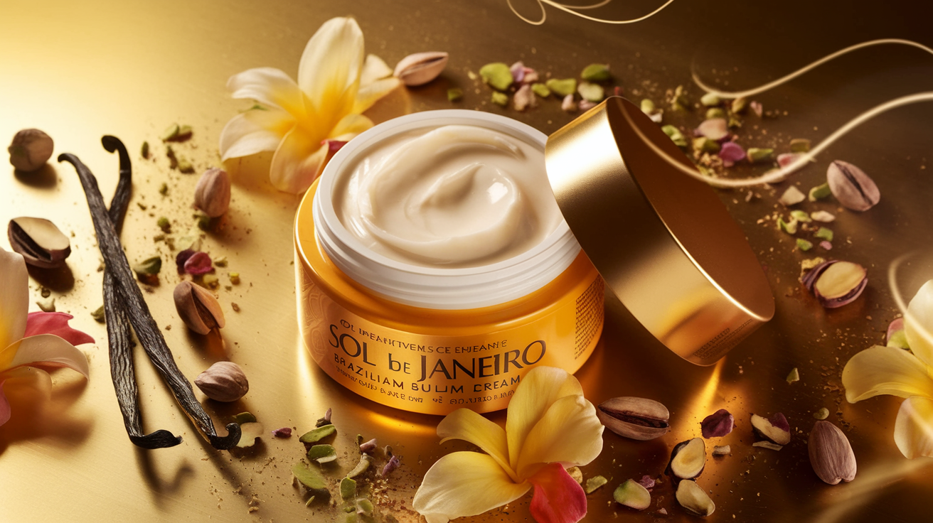 Create a realistic image of a luxurious jar of Sol de Janeiro Brazilian Bum Bum Cream with its lid partially open, revealing the rich, creamy texture inside, surrounded by scattered crushed pistachio nuts, vanilla pods, and tropical flowers, with golden light creating a warm glow that emphasizes the cream's yellow packaging, while subtle wisps of fragrance visually emanate from the jar, suggesting the warm, sweet caramel and tropical scent experience.