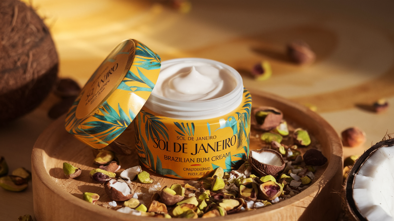 Create a realistic image of a jar of Sol de Janeiro Brazilian Bum Bum Cream with its distinctive yellow packaging and tropical design, partially opened to show the rich cream texture inside, surrounded by crushed pistachio nuts and coconut shells on a warm wooden surface, with a soft golden sunlight creating a luxurious glow, conveying the premium and exotic nature of this bestselling body cream.