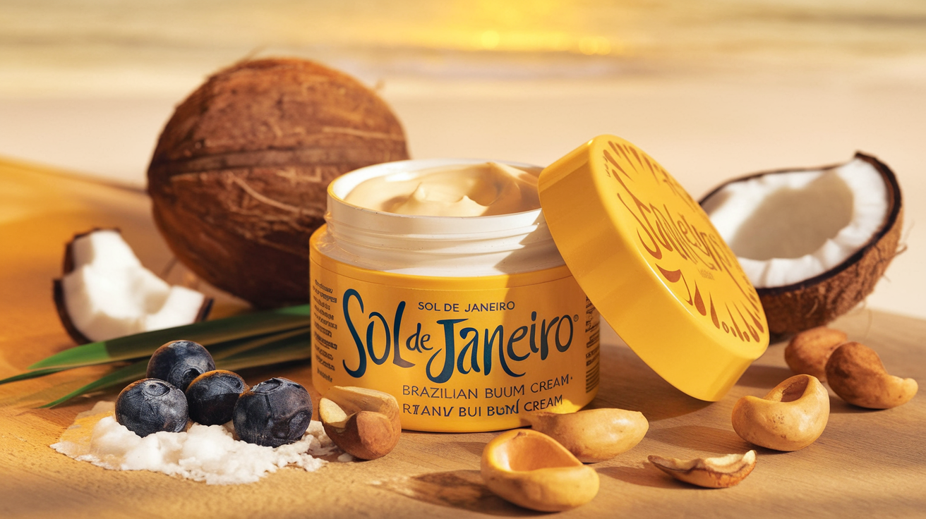 Create a realistic image of a jar of Sol de Janeiro Brazilian Bum Bum Cream with its distinctive yellow packaging and lid partially open, revealing the rich, creamy texture inside, surrounded by raw ingredients including guaraná berries, coconut, açaí, and Brazil nuts on a wooden surface with a subtle beach background and warm, golden lighting that evokes Brazilian sunshine.