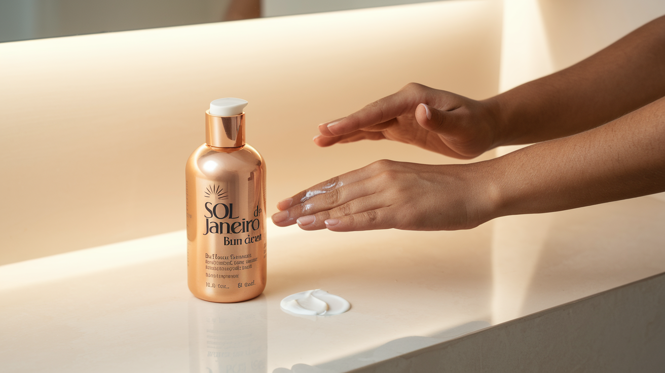 Create a realistic image of a bottle of Sol de Janeiro Brazilian Bum Bum Cream next to a small amount of cream on a person's hand, with a simple demonstration of application technique on skin, displayed on a clean white bathroom counter with soft, warm lighting highlighting the product's texture and golden shimmer.