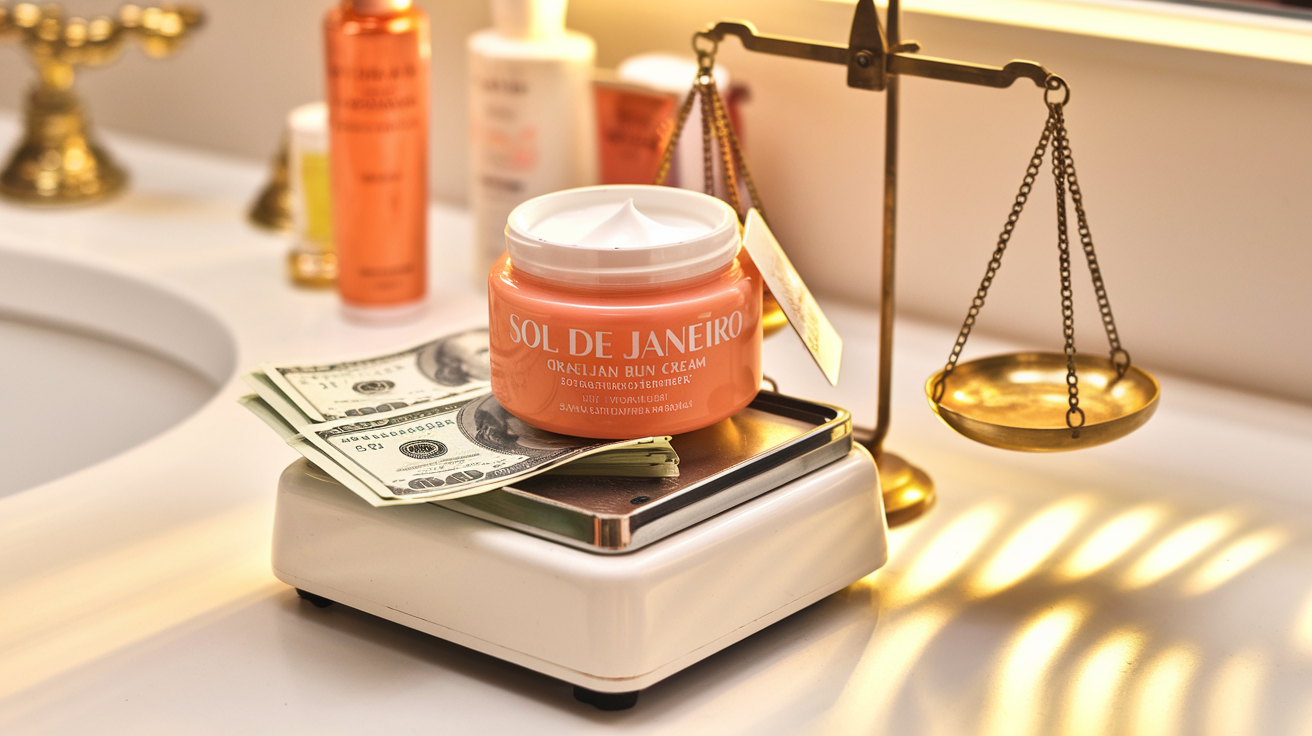 Create a realistic image of a luxurious jar of Sol de Janeiro Brazilian Bum Bum Cream placed on a bathroom counter with a price tag visible, alongside a small weighing scale with dollar bills on one side and the cream on the other, symbolizing the value assessment, with soft, warm lighting creating a golden glow around the product.