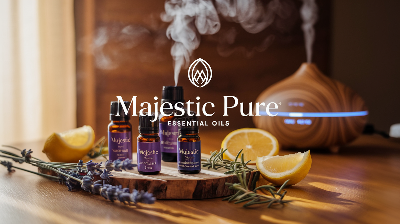 Create a realistic image of several amber glass bottles of Majestic Pure essential oils arranged on a wooden table with fresh botanical ingredients (lavender sprigs, lemon slices, rosemary) scattered around them, a diffuser emitting a subtle mist in the background, warm natural lighting streaming in, creating a serene spa-like atmosphere with the text "Majestic Pure Essential Oils" overlaid in an elegant font.