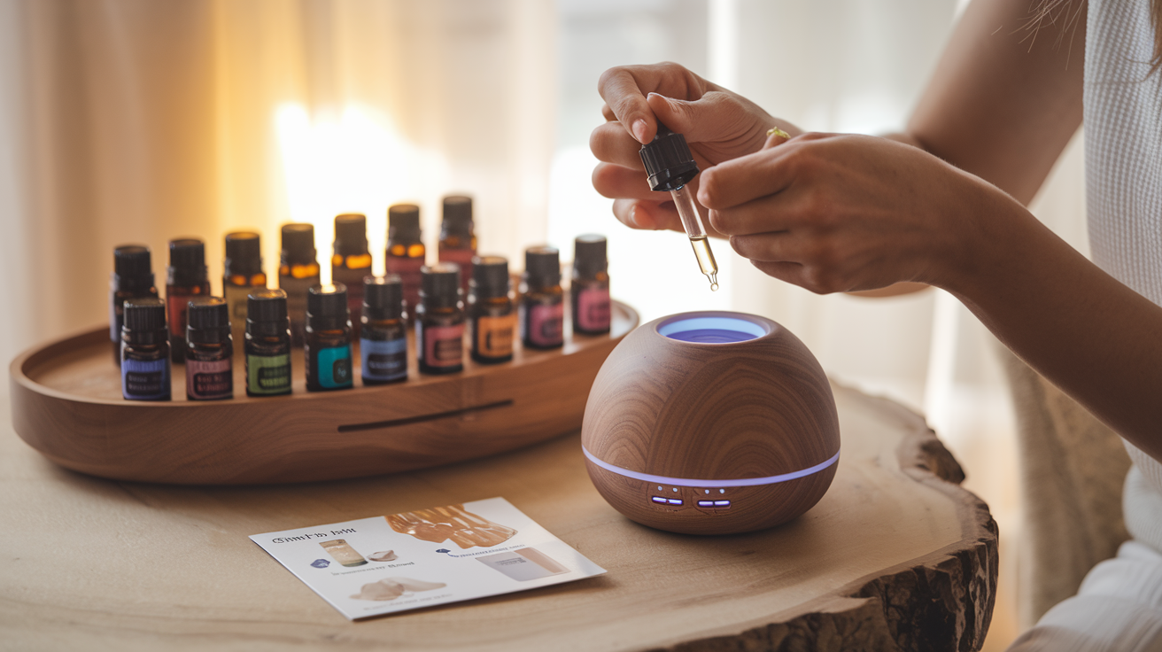 Create a realistic image of a serene home setting where a white female is using a dropper to carefully add Majestic Pure essential oil to a wooden diffuser, with various colored bottles of essential oils arranged neatly on a natural wood table, soft warm lighting creating a calming atmosphere, and a small instructional card visible showing different application methods.