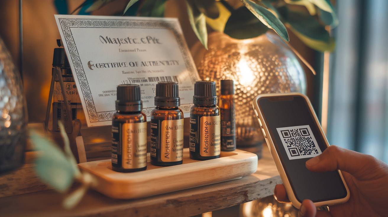 Create a realistic image of several bottles of Majestic Pure essential oils arranged on a wooden display shelf with a certificate of authenticity and a QR code scanner nearby, showing a smartphone scanning the product label to verify authenticity, with warm, soft lighting highlighting the amber glass bottles and their gold-embossed labels.