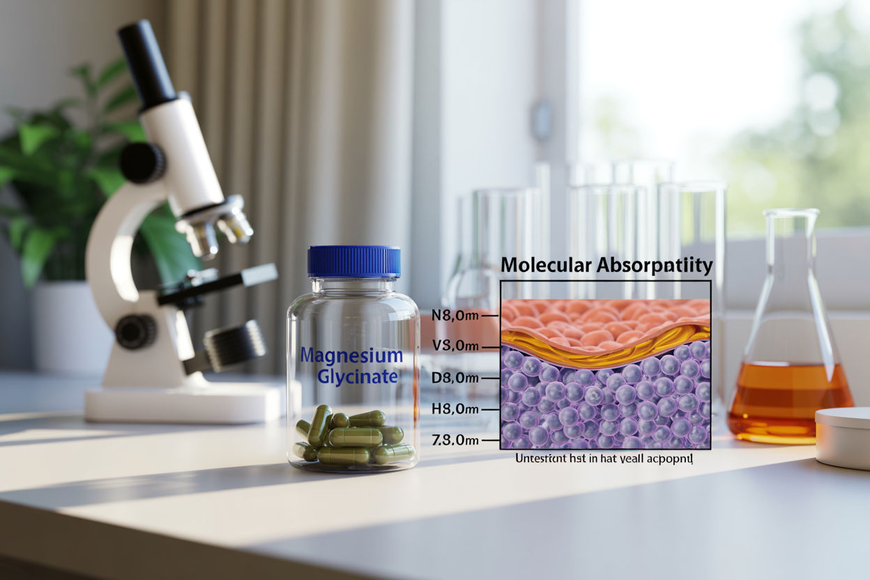 Create a realistic image of magnesium glycinate supplement capsules in a clear glass bottle on a clean white laboratory table, with a detailed cross-section diagram showing molecular absorption through intestinal wall cells, featuring soft natural lighting from a window, scientific equipment like microscopes and beakers in the blurred background, emphasizing the superior bioavailability concept through visual representation of nutrients being absorbed efficiently, absolutely NO text should be in the scene.