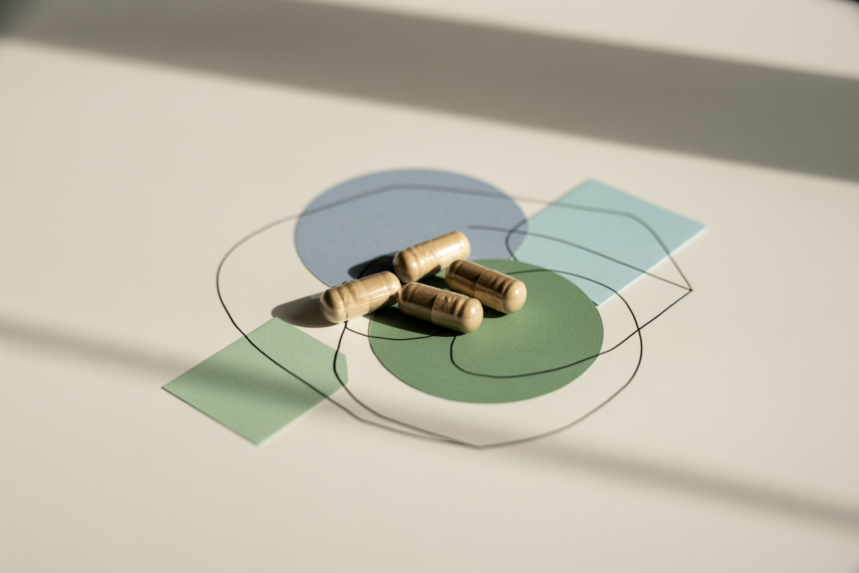 Create a realistic image of three distinct magnesium supplement capsules or tablets arranged in a triangular formation on a clean white surface, with each supplement having a slightly different appearance to represent the 3-in-1 complex formula, surrounded by subtle geometric shapes or interconnected circles in soft blue and green tones to symbolize the synergistic health benefits, with soft natural lighting creating gentle shadows and a minimalist background that conveys premium quality and scientific precision, absolutely NO text should be in the scene.