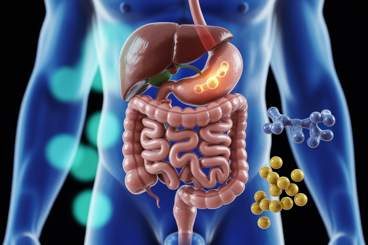 Create a realistic image of a cutaway view of the human digestive system showing the stomach and small intestine with gentle, glowing particles representing magnesium being absorbed through the intestinal wall, surrounded by soft blue and green light indicating gentle absorption, with molecular structures of magnesium glycinate floating nearby, all set against a clean medical illustration background with soft lighting that emphasizes the bioavailability concept, absolutely NO text should be in the scene.