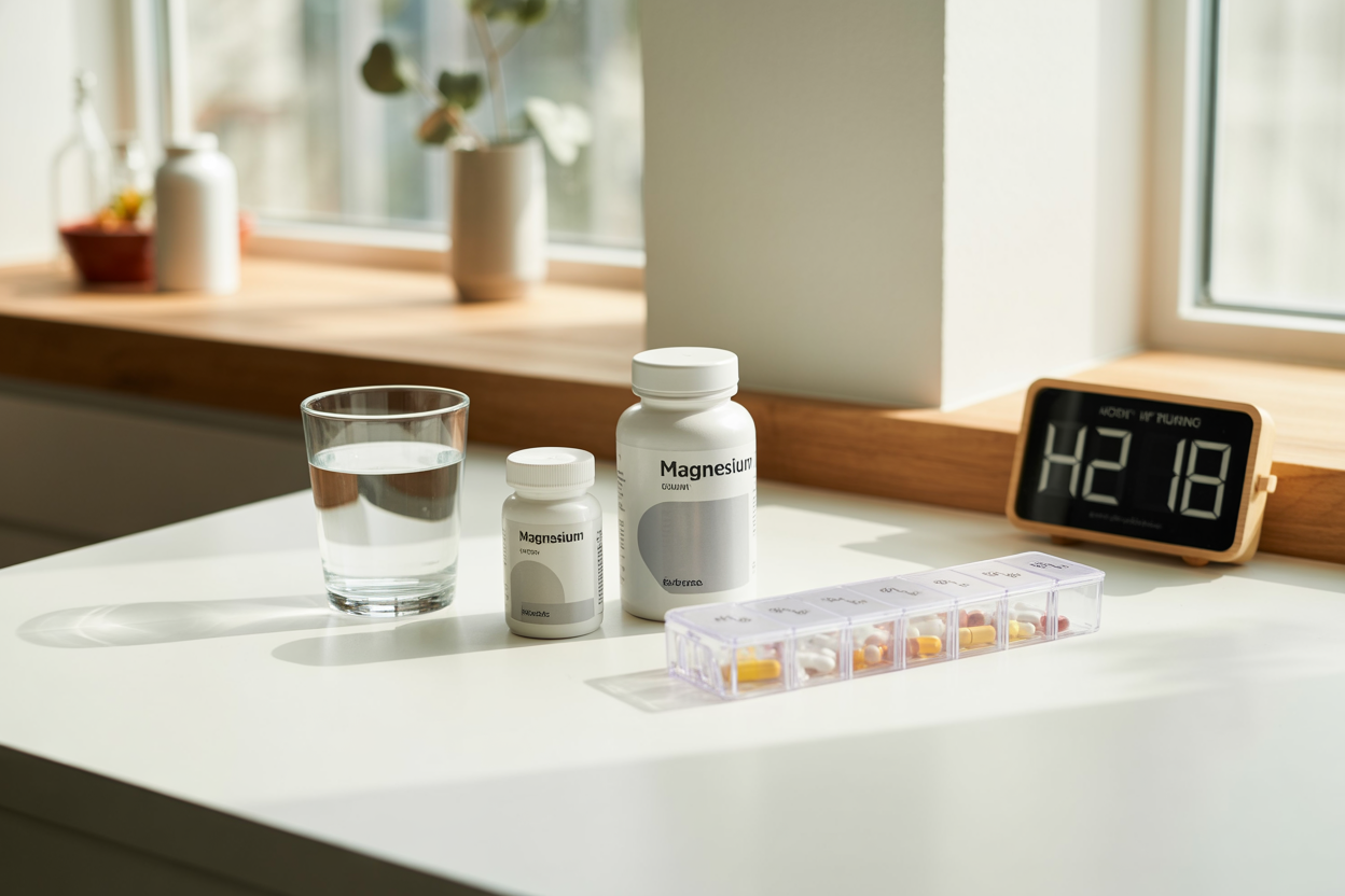 Create a realistic image of a clean, modern kitchen counter with magnesium supplement bottles, a glass of water, a digital clock showing morning time, and a weekly pill organizer with compartments, surrounded by natural lighting from a window, conveying a healthy daily routine atmosphere, with a minimalist white and light wood background. Absolutely NO text should be in the scene.