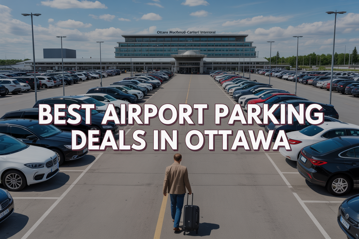 Create a realistic image of Ottawa Macdonald-Cartier International Airport terminal building in the background with a well-organized parking lot in the foreground showing multiple rows of parked cars, clear parking signage, and a white male traveler pulling a black suitcase walking towards the terminal, bright daylight with blue sky and white clouds, professional airport atmosphere conveying convenience and savings, with overlay text reading "Best Airport Parking Deals in Ottawa" in bold white letters with dark outline for visibility.