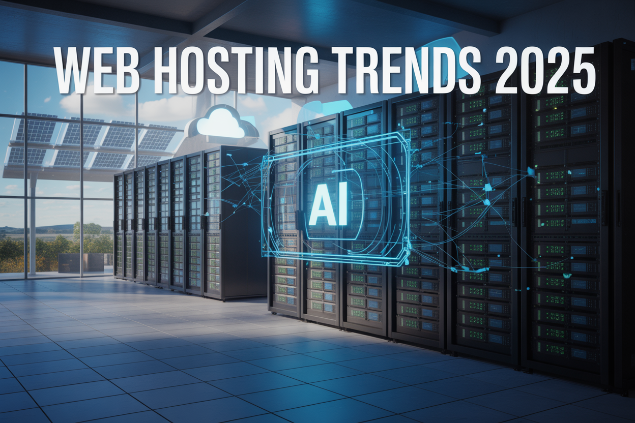 Create a realistic image of a modern futuristic data center with sleek server racks glowing with blue and green LED lights, holographic AI interface displays floating above the servers, solar panels visible through large windows in the background, cloud icons and network connection lines digitally overlaying the scene, with the text "Web Hosting Trends 2025" prominently displayed in bold modern typography at the top, dramatic cool lighting with soft shadows creating a high-tech atmosphere.