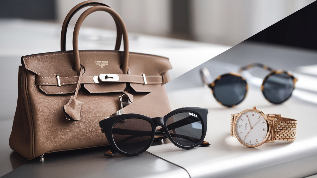 Create a realistic image of a split-screen composition showing luxury designer products on the left and their affordable lookalike alternatives on the right, including a high-end handbag, designer sunglasses, and a luxury watch with their budget-friendly counterparts, arranged on a sleek white surface with soft, flattering lighting to highlight the similarities between the items.
