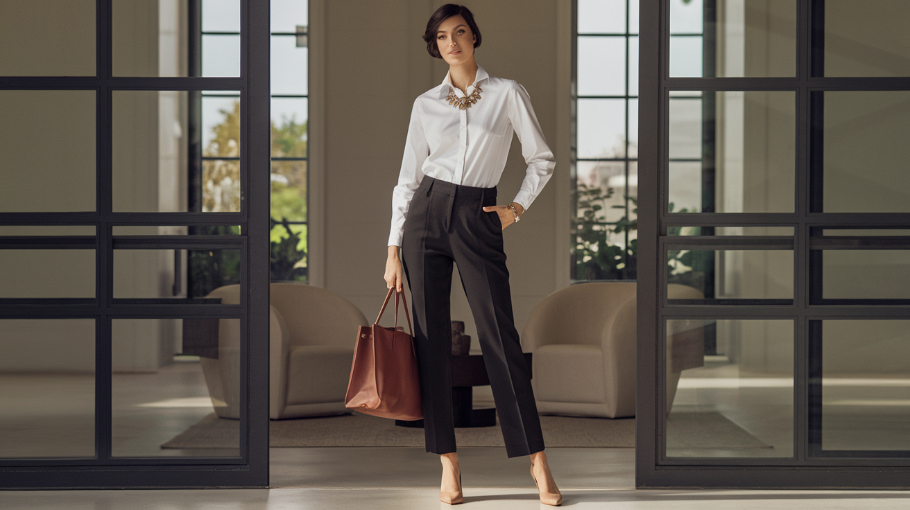 Create a realistic image of a stylish white female in her 30s wearing a chic outfit consisting of a crisp white button-down shirt, tailored black trousers, and classic nude pumps, accessorized with a statement gold necklace and a sleek leather tote bag, standing confidently in a well-lit, minimalist room with high ceilings and large windows, showcasing how simple pieces can create an expensive-looking ensemble.