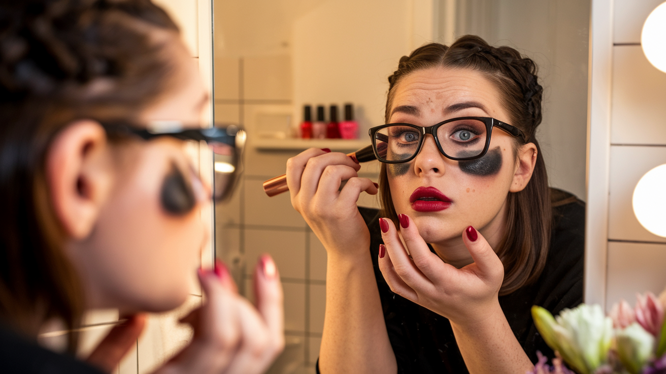Create a realistic image of a white female in her 20s applying heavy makeup in front of a bathroom mirror, with an exaggerated amount of eyeshadow, blush, and lipstick visible, conveying a sense of overdoing her makeup look for a date night, with soft warm lighting and beauty products scattered on the counter.