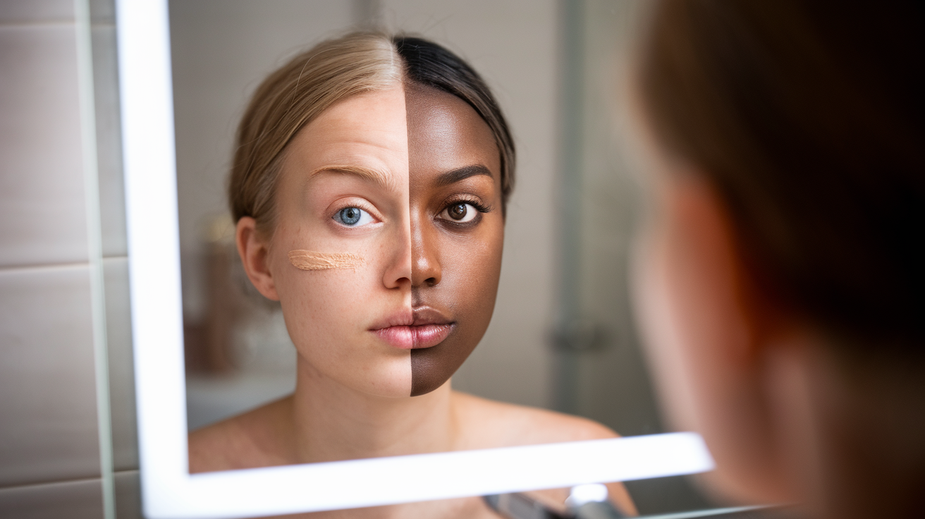 Create a realistic image of a white female's face in a mirror, with half her face showing mismatched foundation, one side too light and the other too dark, against a softly lit bathroom background, emphasizing the contrast between her natural skin tone and the incorrectly applied makeup.