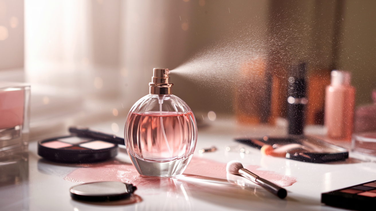 Create a realistic image of a perfume bottle spraying an excessive amount of fragrance, with visible droplets and mist filling the air around it, set against a softly lit vanity table with makeup items scattered in the background, conveying an overwhelming and overpowering scent.