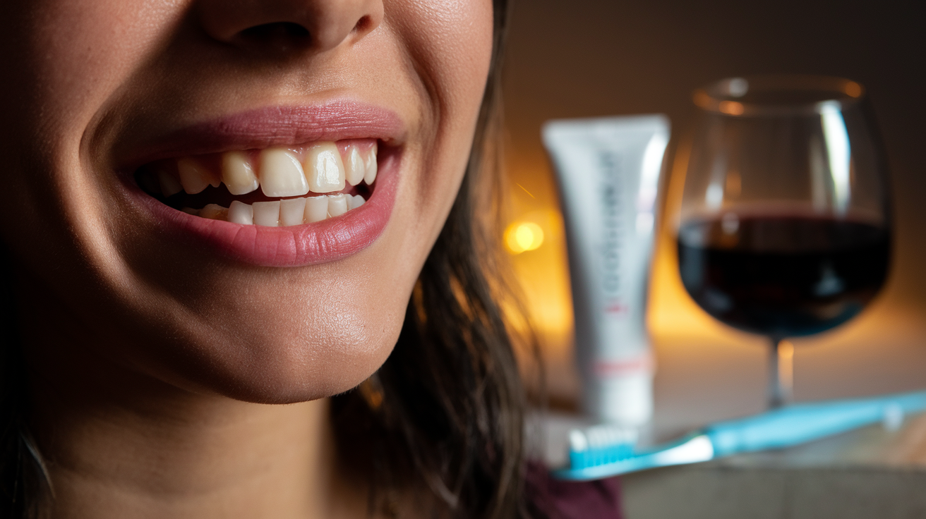 Create a realistic image of a close-up view of a woman's lower face, focusing on her teeth and lips, with visible plaque and stains on the teeth, and slightly chapped lips. A tube of toothpaste and a toothbrush are visible in the blurred background, alongside a half-empty glass of red wine. The lighting is warm and intimate, suggesting a date night setting.